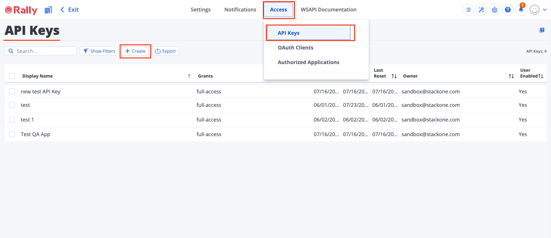 Rally API Keys page showing existing keys and the Create button