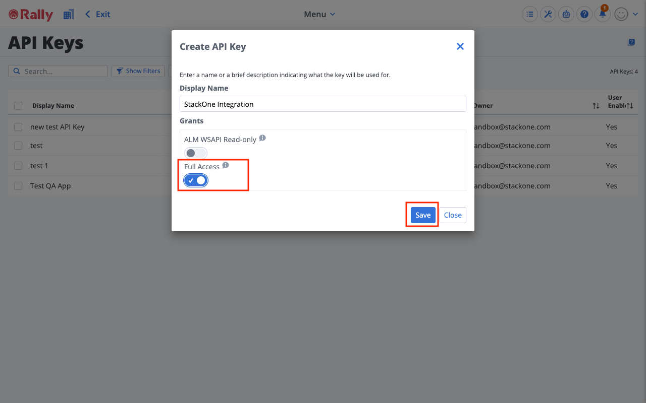 Create API Key dialogue with Display Name filled in and Full Access toggled on