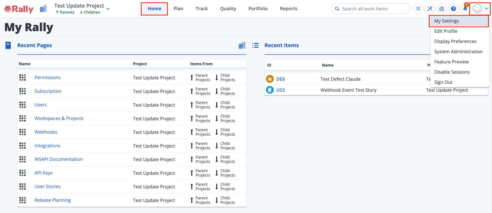 Rally dashboard with the profile dropdown menu open