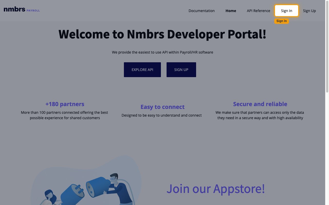 Nmbrs Payroll Developer Portal home page with the Sign In link in the top navigation.