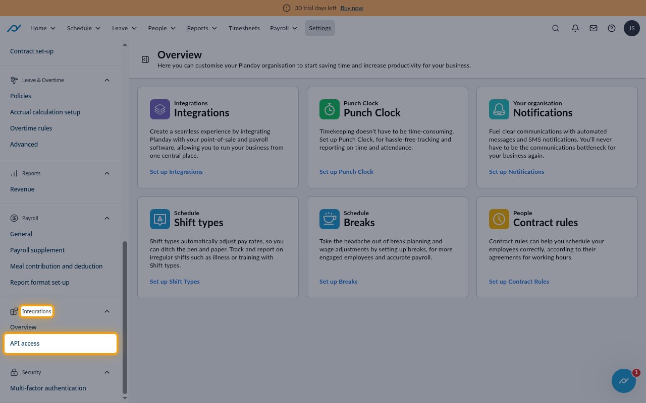 The Settings page with the Integrations group and API access highlighted in the left sidebar