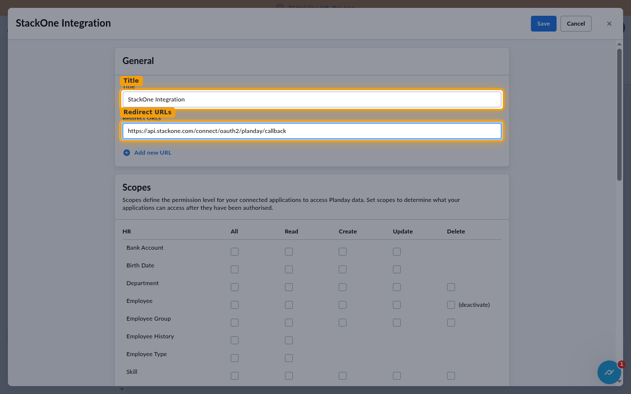The New Application dialog with the Title and Redirect URLs fields highlighted