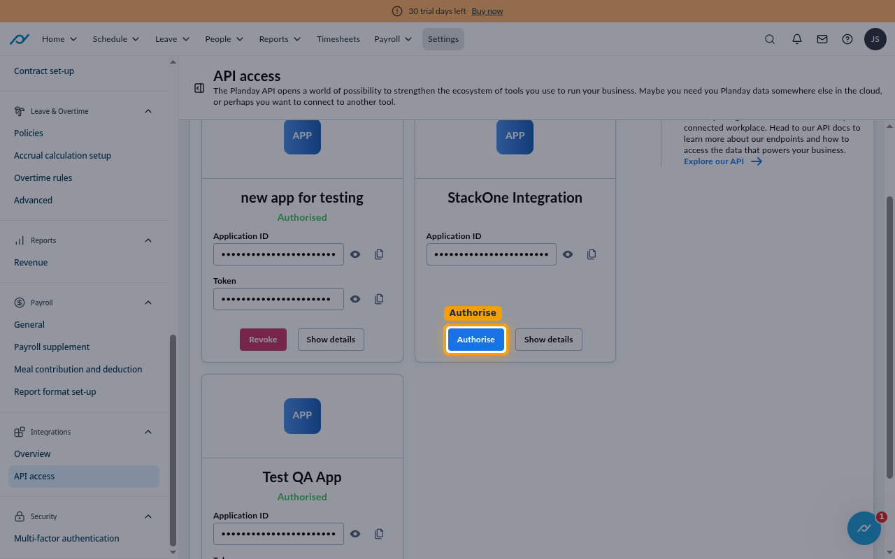 The StackOne Integration tile with the Authorise button highlighted