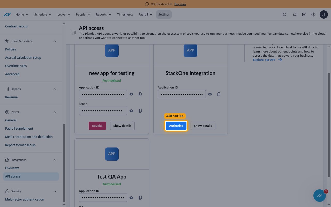 The StackOne Integration tile with the Authorise button highlighted