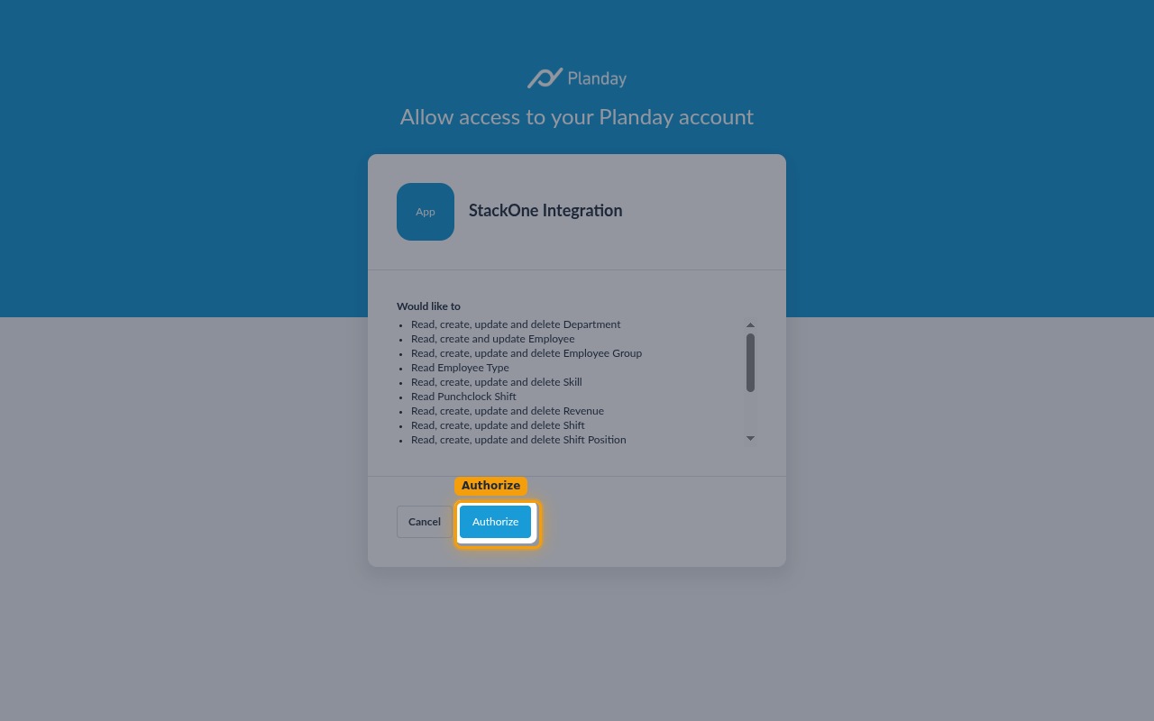 The Planday consent screen listing the requested permissions with the Authorize button highlighted