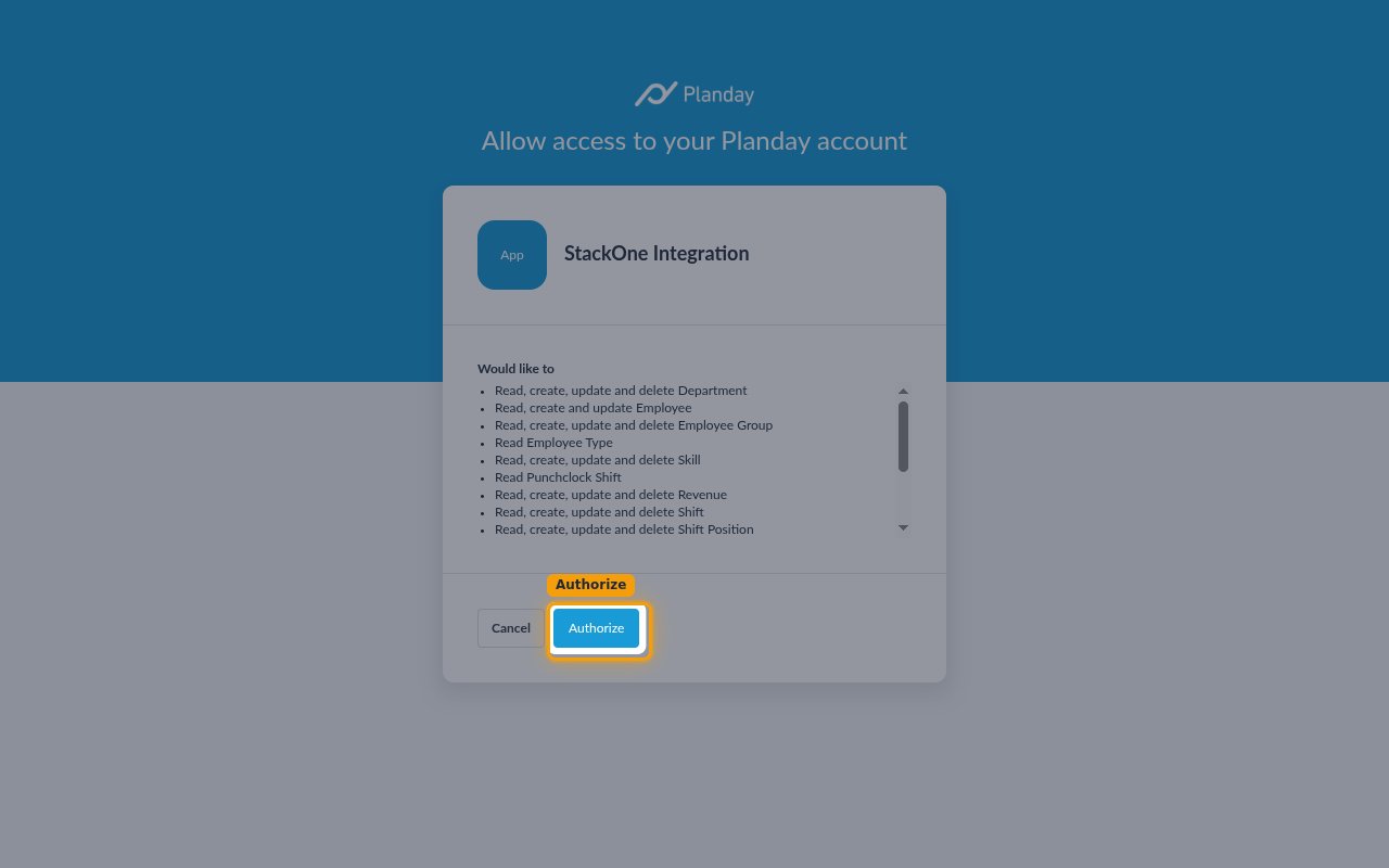 The Planday consent screen listing the requested permissions with the Authorize button highlighted