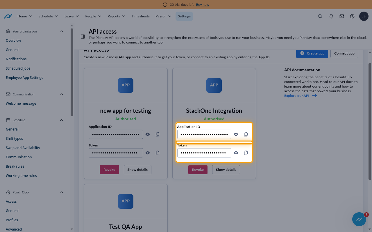 The authorized StackOne Integration tile showing the Application ID and Token fields