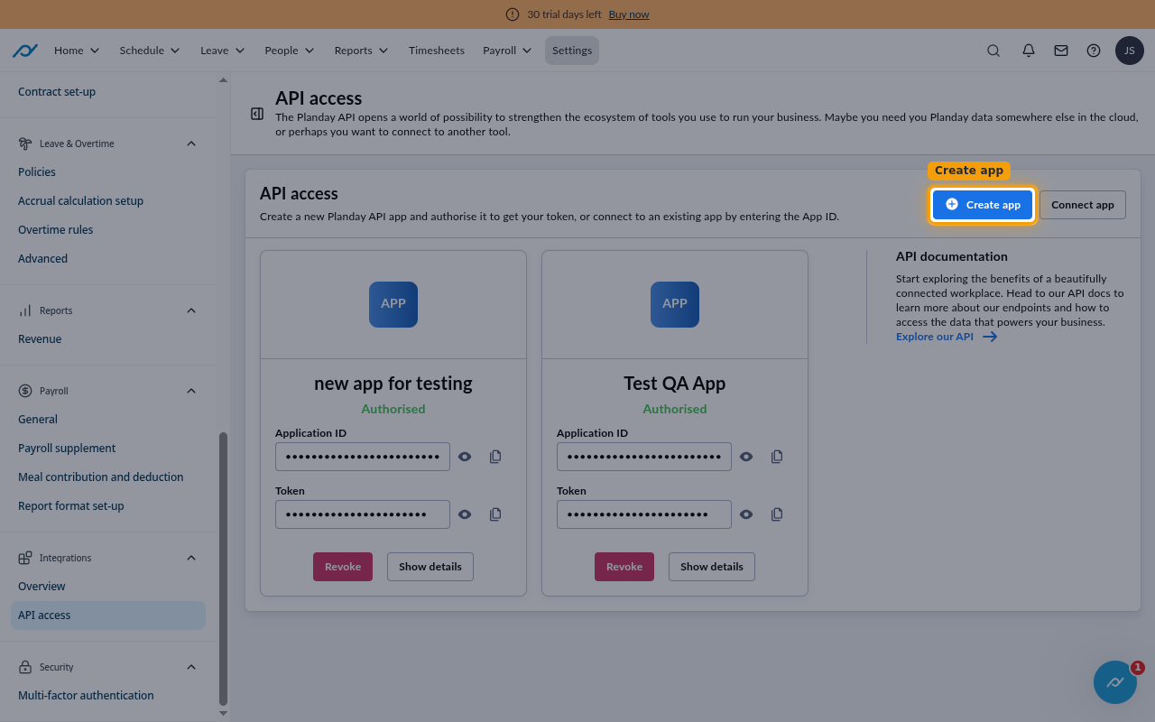 The API access page with the Create app button highlighted