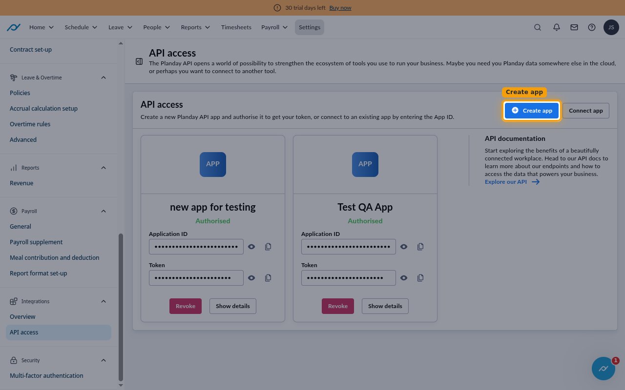 The API access page with the Create app button highlighted