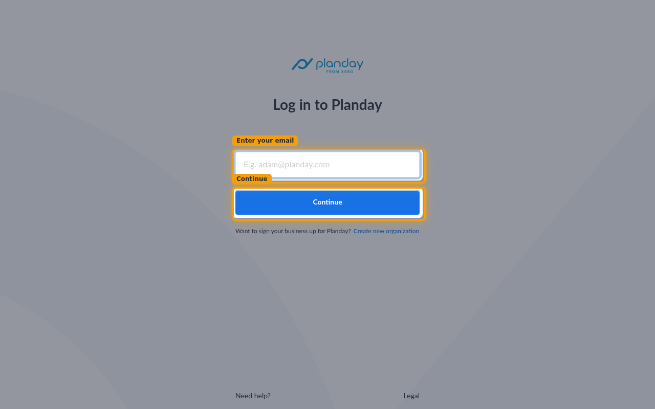 The Planday log in page with the email field and the Continue button highlighted