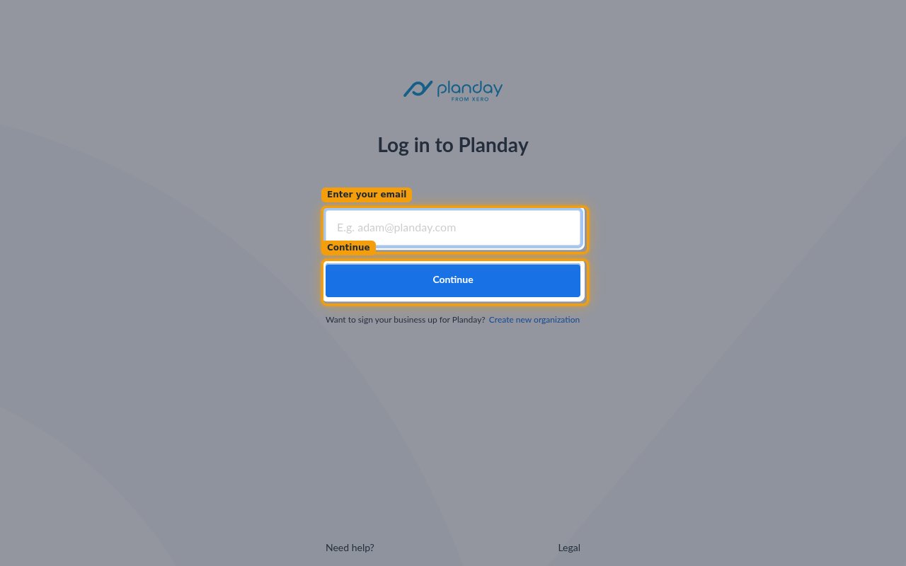 The Planday log in page with the email field and the Continue button highlighted