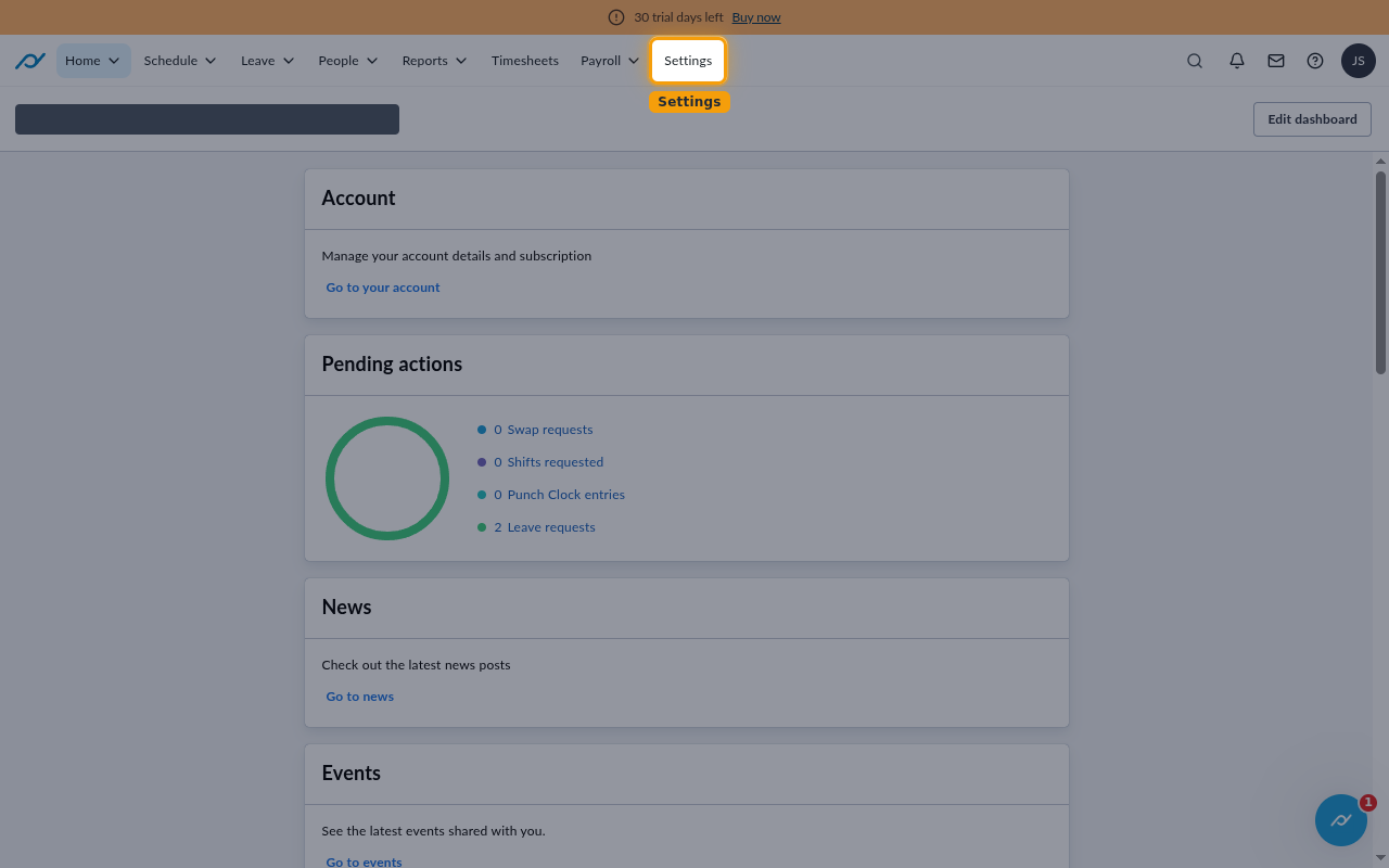 The Planday home page with Settings highlighted in the top navigation bar