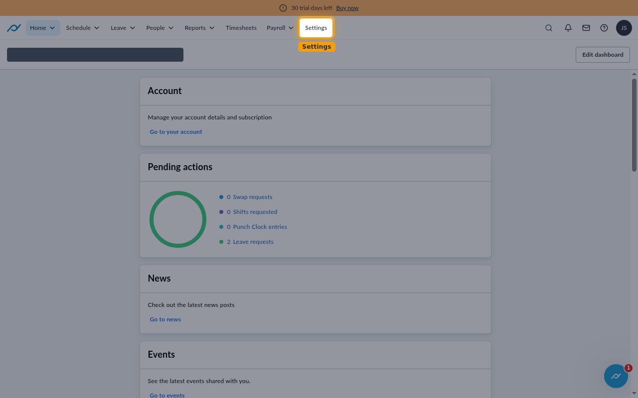 The Planday home page with Settings highlighted in the top navigation bar
