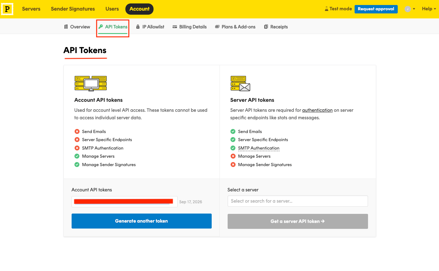 Postmark Account API Tokens page showing Account and Server token sections