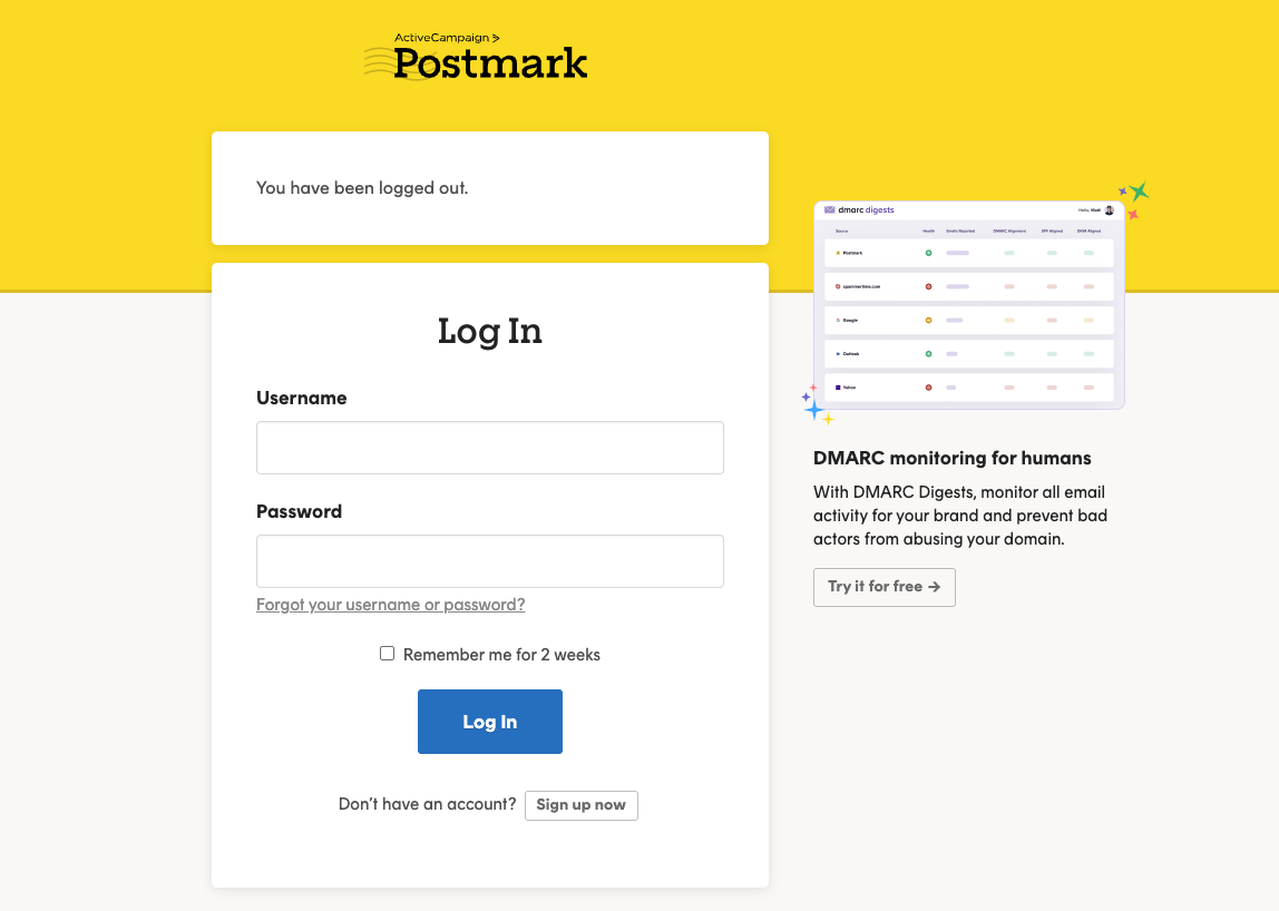 Postmark login page with Username and Password fields