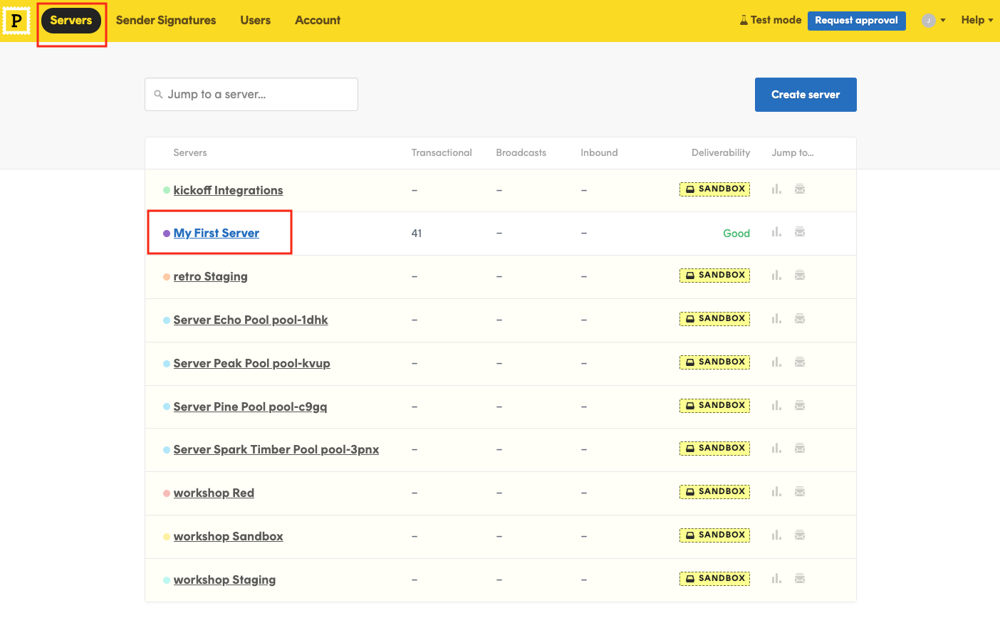 Postmark Servers page showing list of available servers