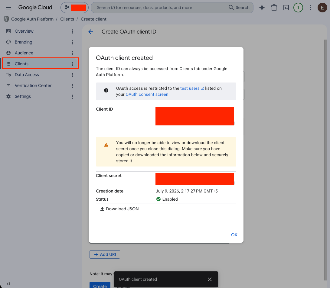 Create a new OAuth client