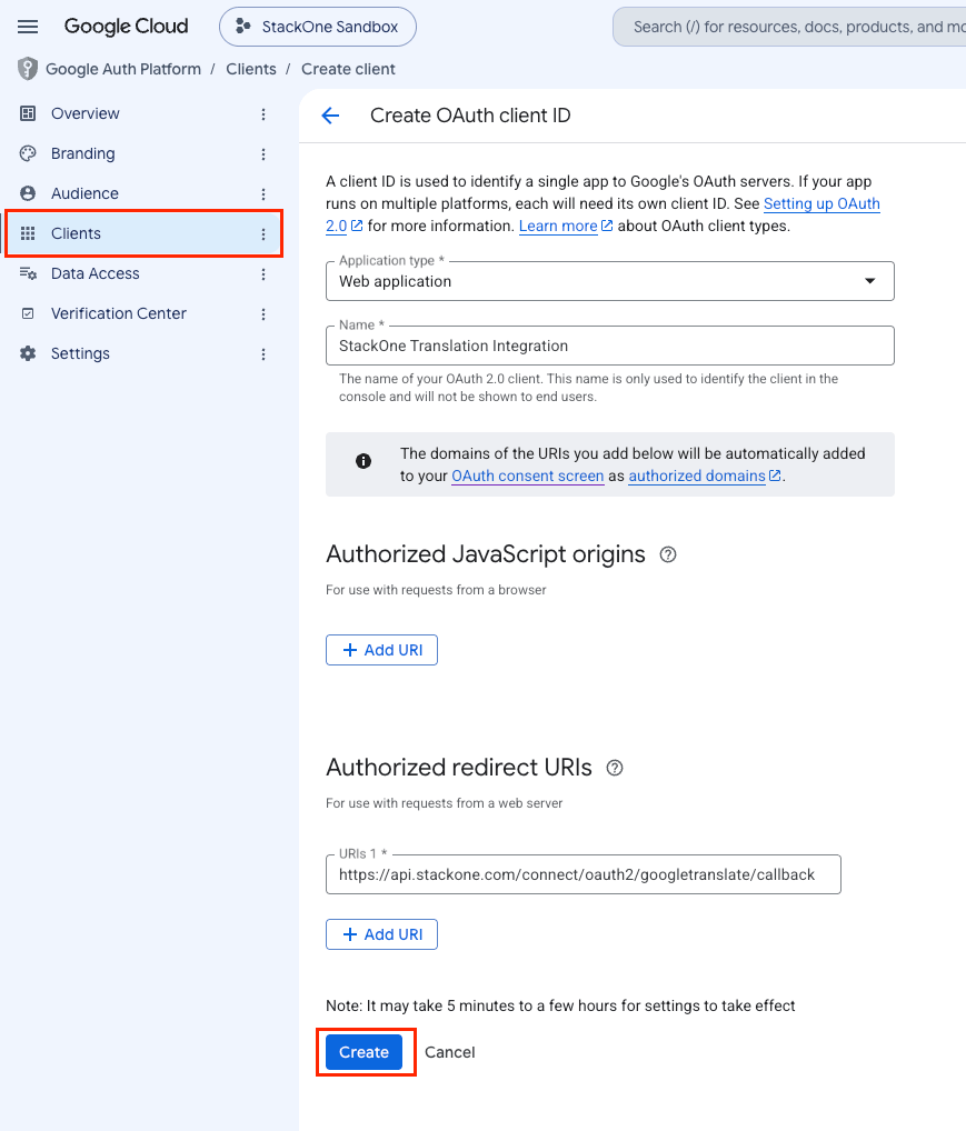 Create OAuth 2.0 form