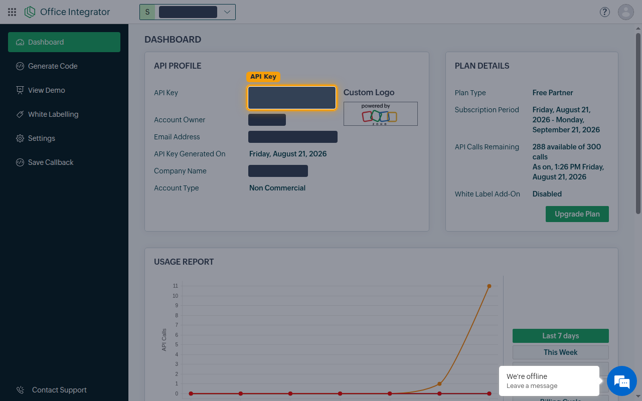 Office Integrator Dashboard showing the API Key under the API PROFILE section