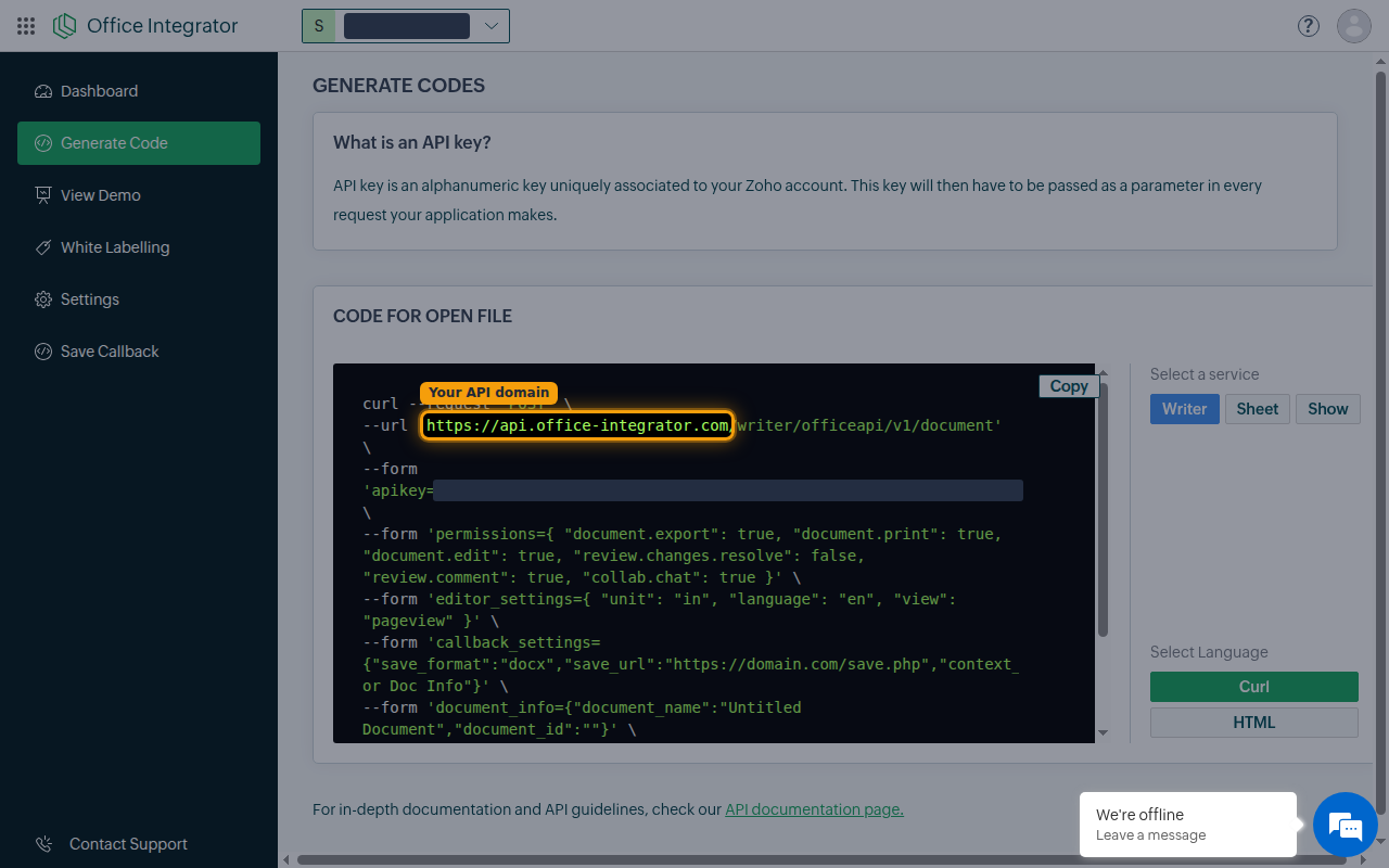 Generate Code page showing the sample request URL with the api.office-integrator API domain highlighted