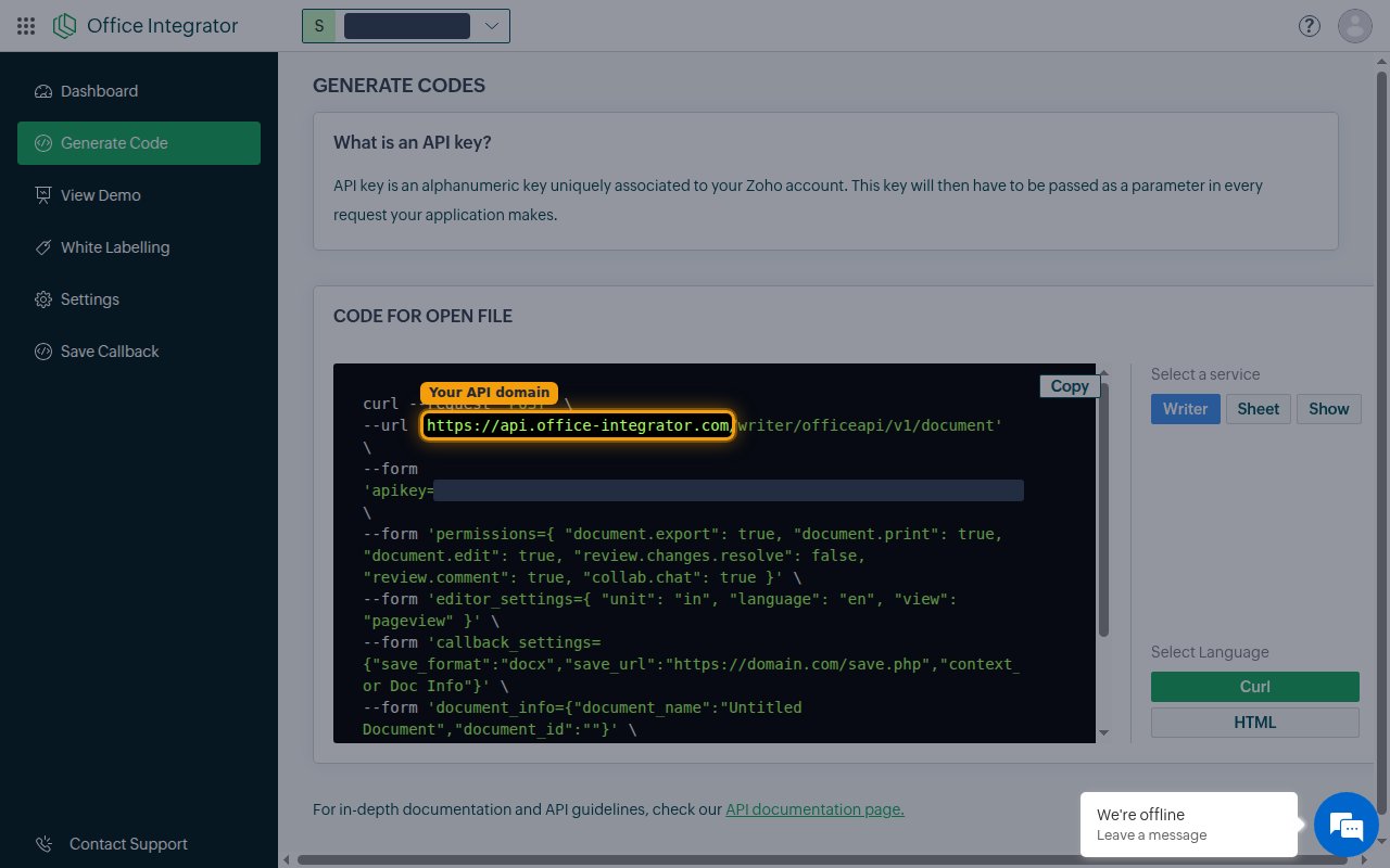 Generate Code page showing the sample request URL with the api.office-integrator API domain highlighted