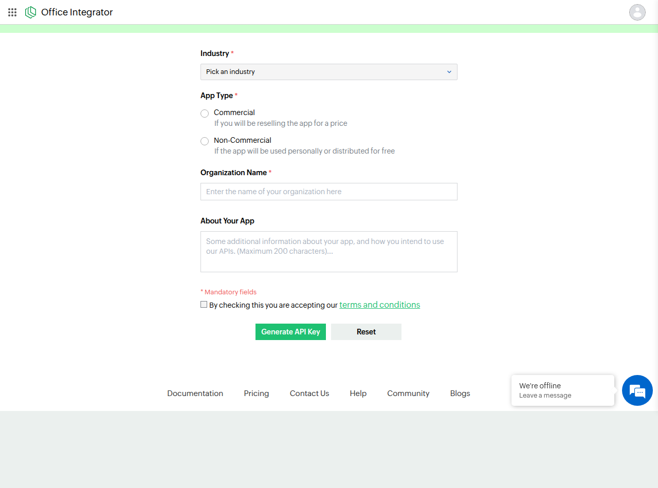 Office Integrator API key registration form with Industry, App Type, Organization Name and About Your App fields and the Generate API Key button