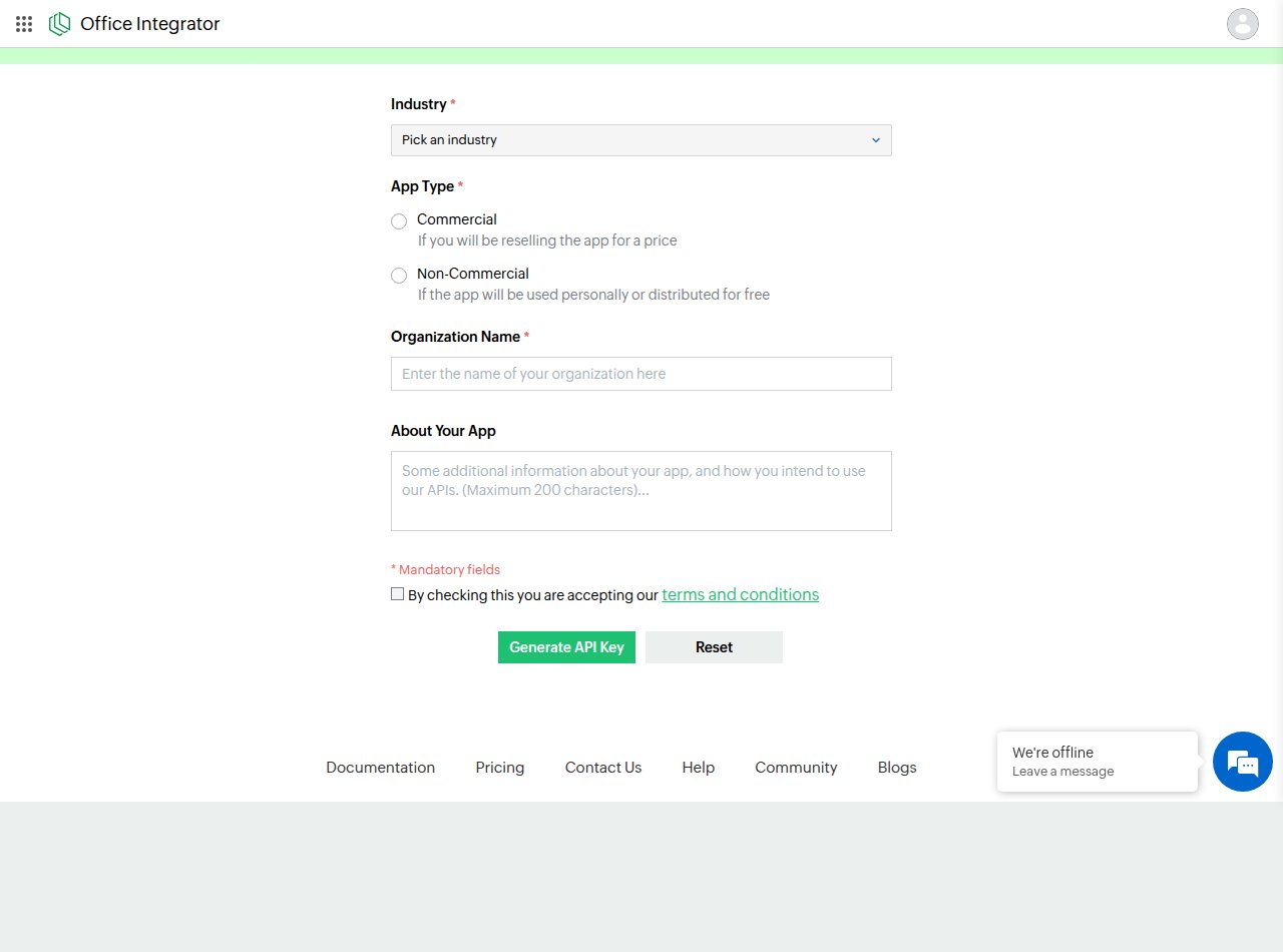 Office Integrator API key registration form with Industry, App Type, Organization Name and About Your App fields and the Generate API Key button