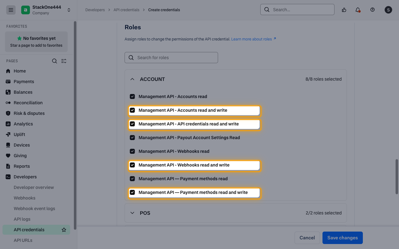 The Roles section with the ACCOUNT category expanded and four Management API roles highlighted