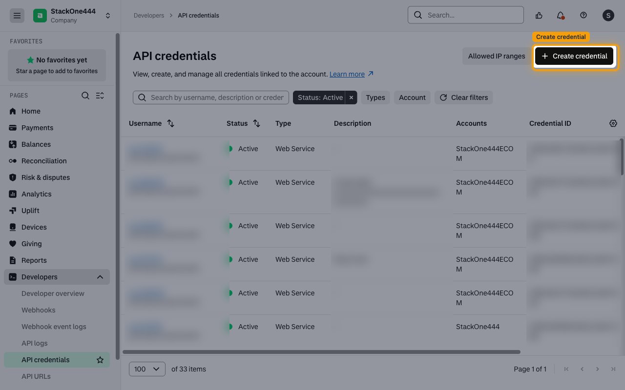 The API credentials page with the Create credential button highlighted