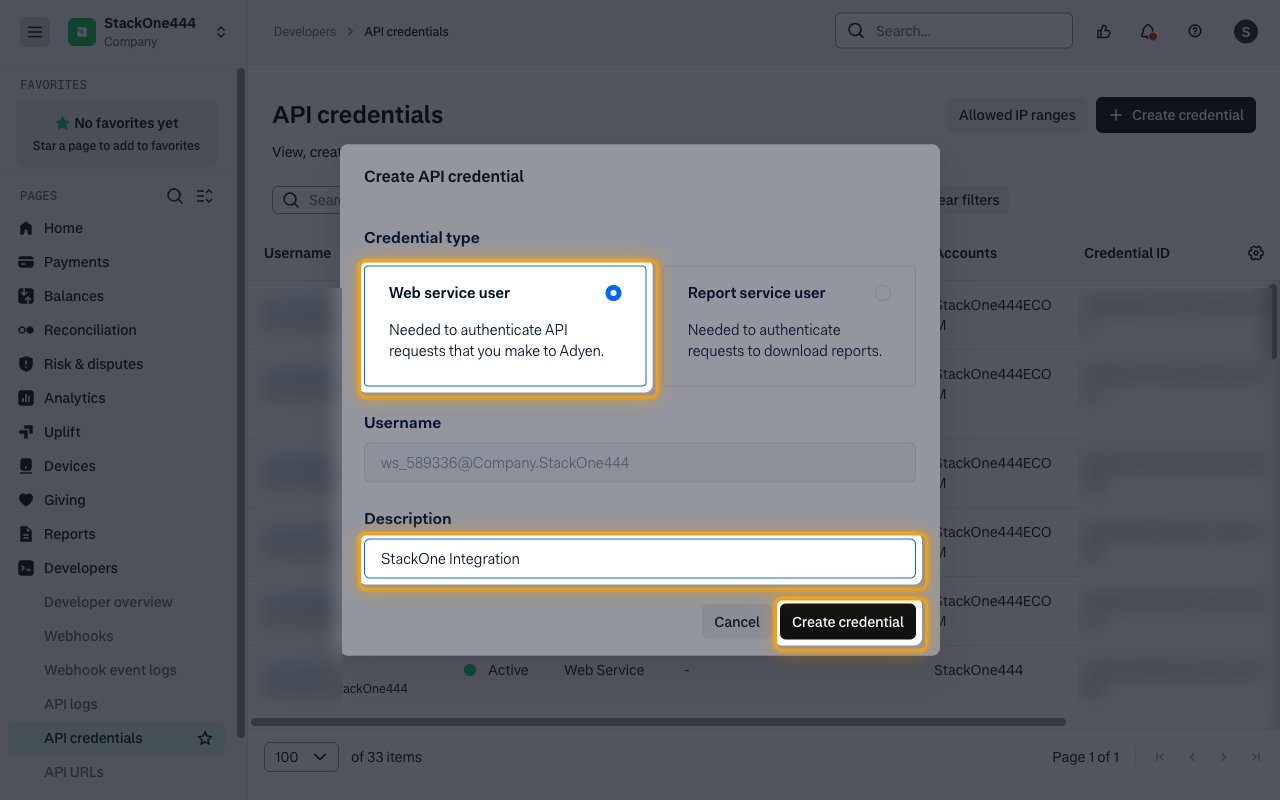 The Create API credential window with Web service user, the Description field and the Create credential button highlighted