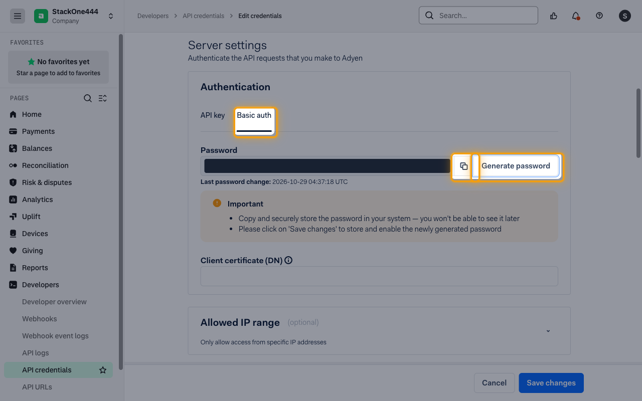 The Basic auth tab under Server settings with the copy icon and Generate password button highlighted and the password hidden