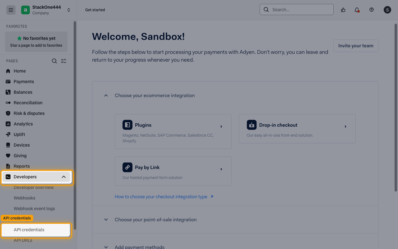 The Developers menu expanded in the Adyen Customer Area sidebar with API credentials highlighted
