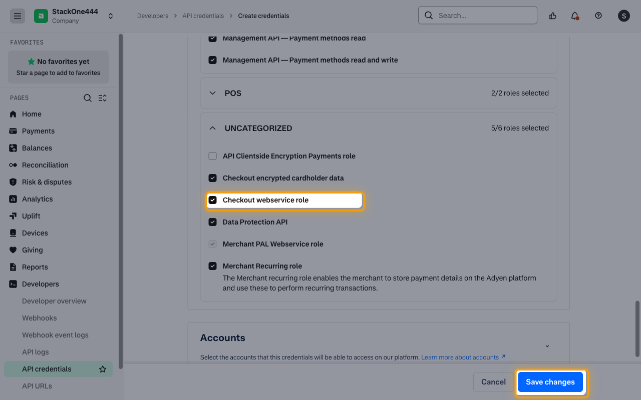 The UNCATEGORIZED roles with Checkout webservice role and the Save changes button highlighted