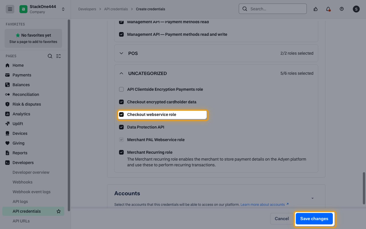 The UNCATEGORIZED roles with Checkout webservice role and the Save changes button highlighted