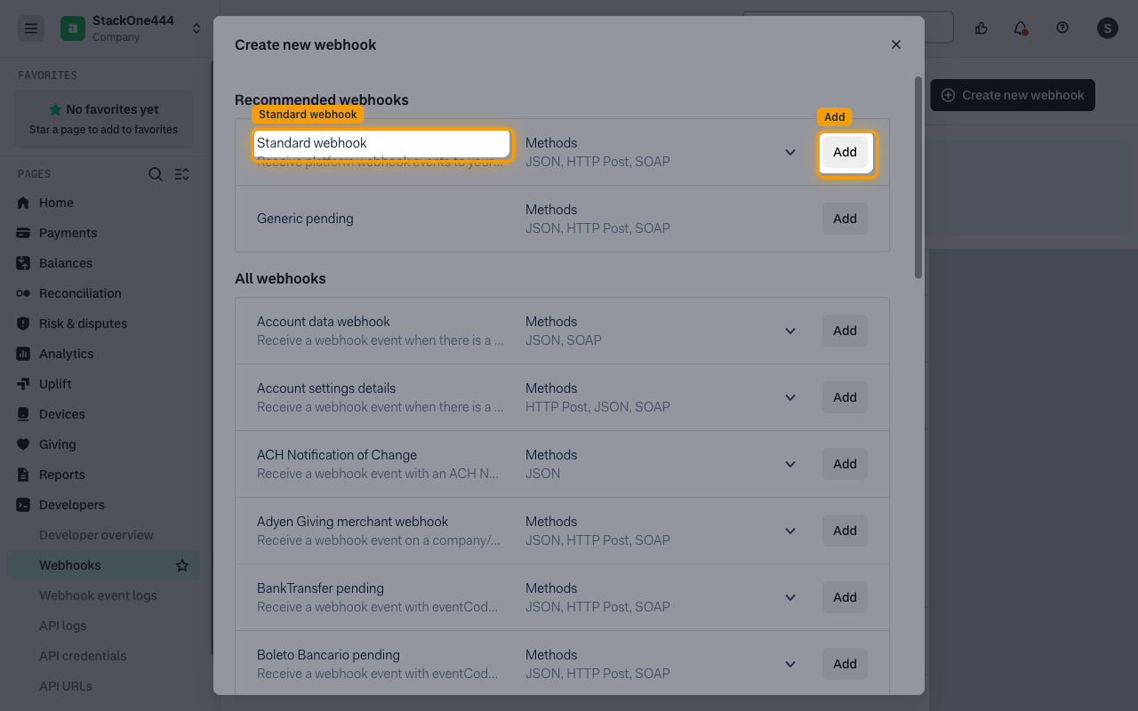 Create new webhook dialog with Standard webhook and its Add button highlighted