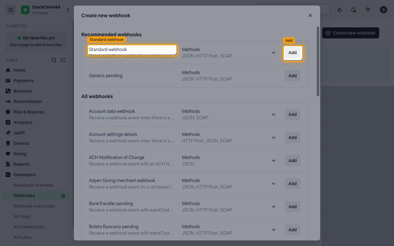 Create new webhook dialog with Standard webhook and its Add button highlighted