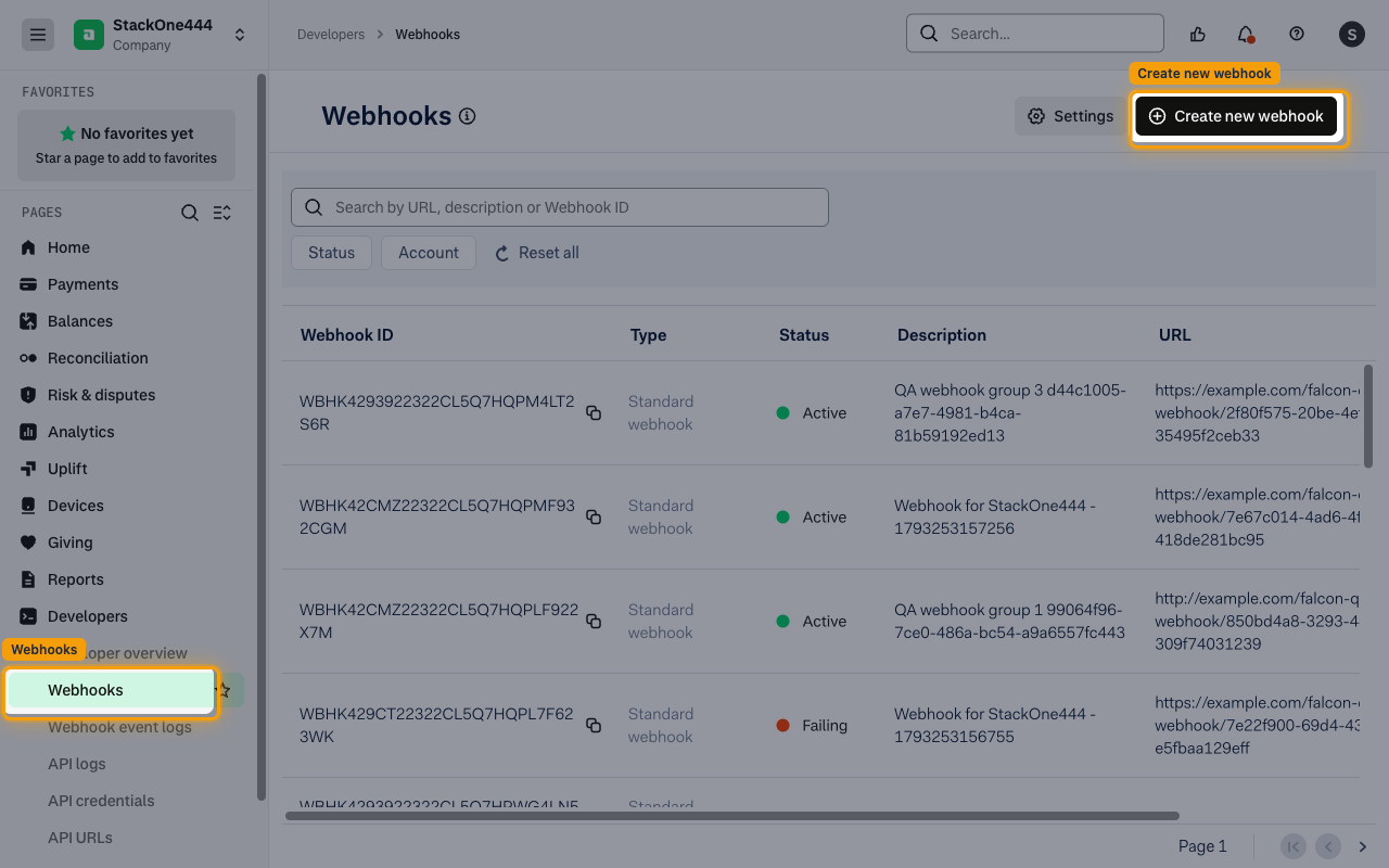 Adyen Customer Area Webhooks page with the Create new webhook button highlighted