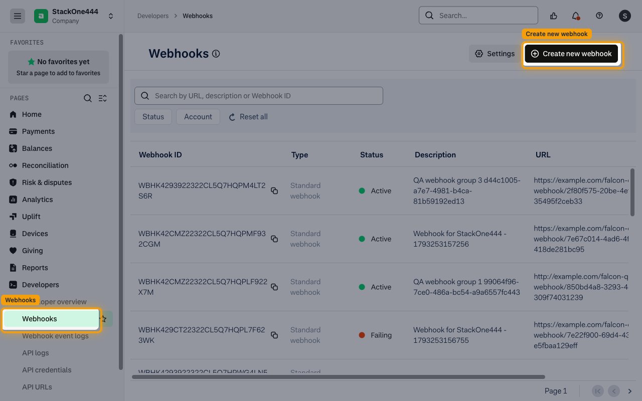 Adyen Customer Area Webhooks page with the Create new webhook button highlighted