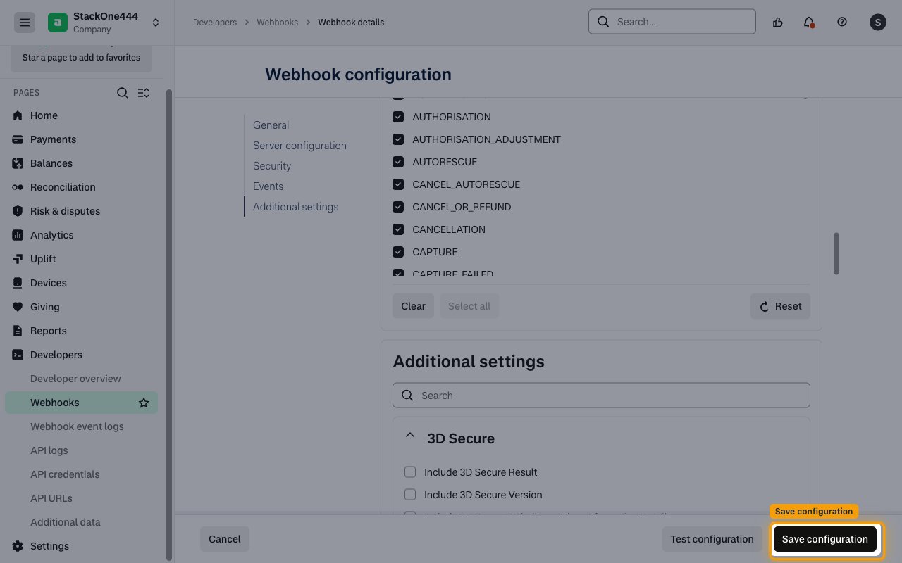 Save configuration button highlighted at the bottom of the form