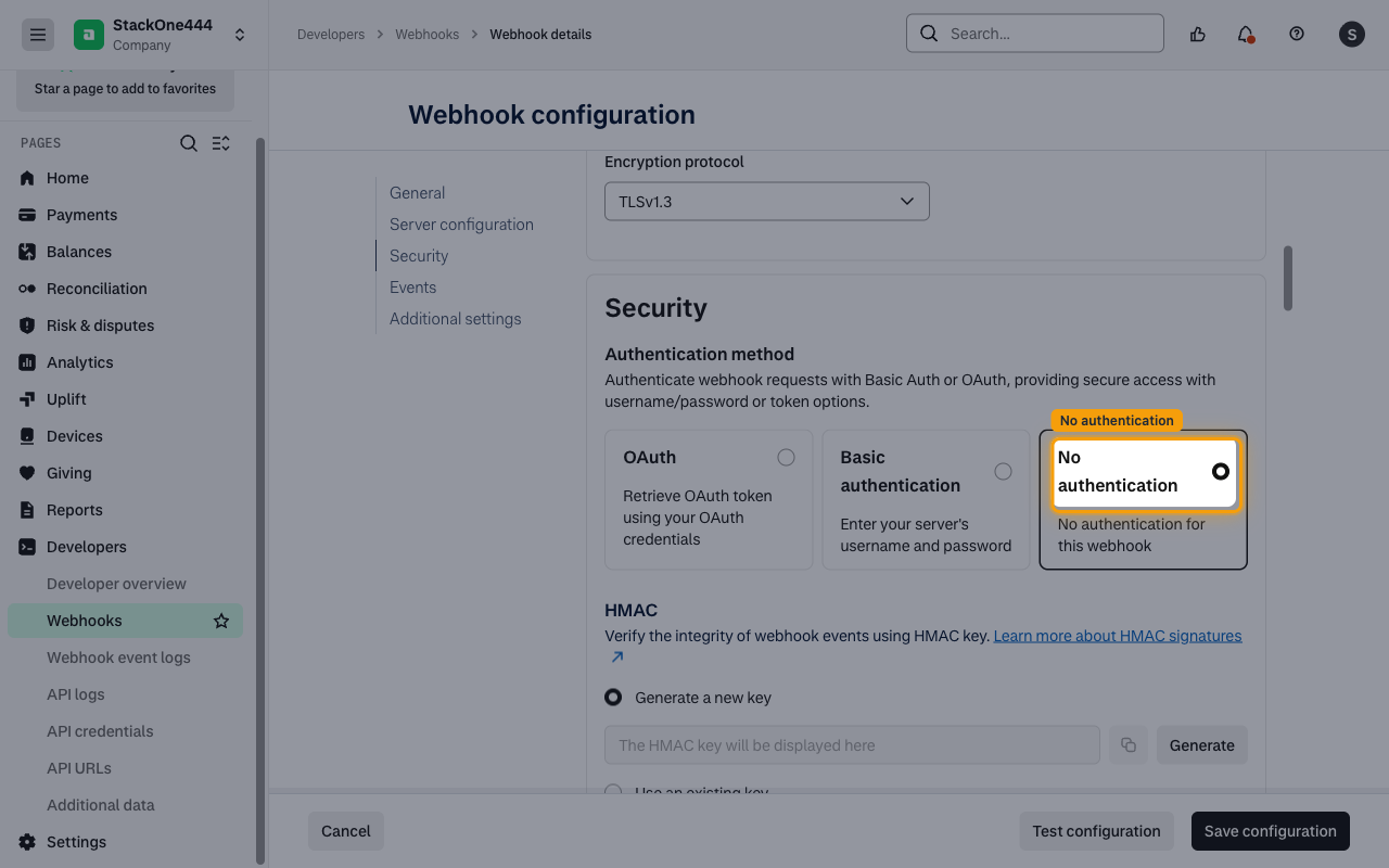 Security section with No authentication selected