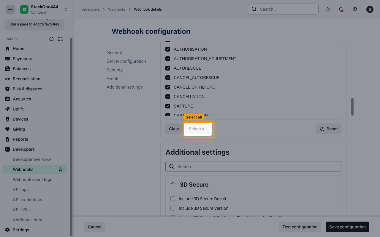 Events section with the Select all button highlighted