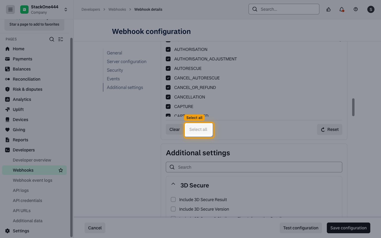 Events section with the Select all button highlighted