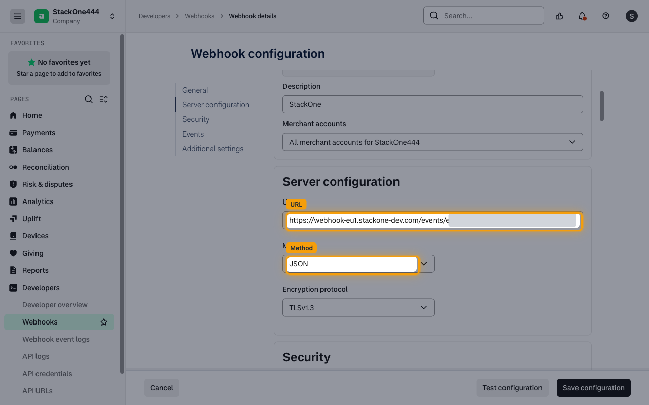 Server configuration section with the URL and Method fields highlighted