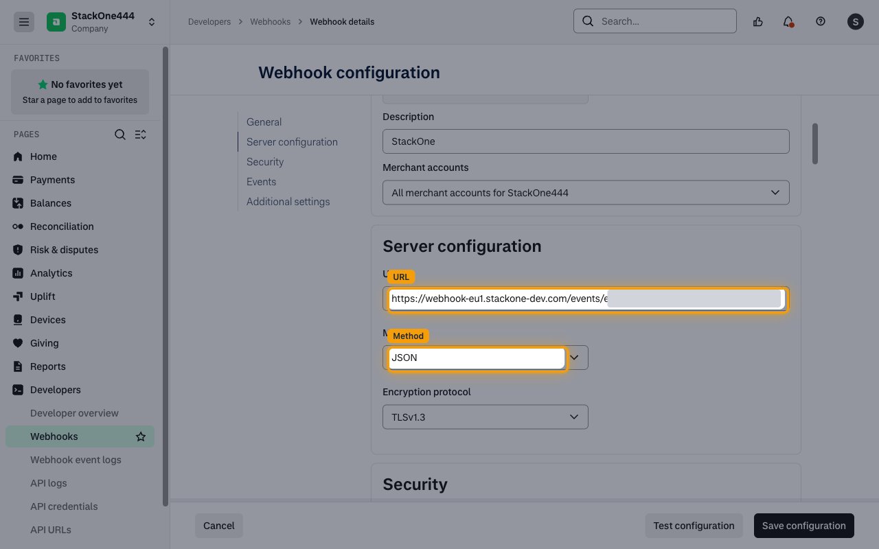 Server configuration section with the URL and Method fields highlighted