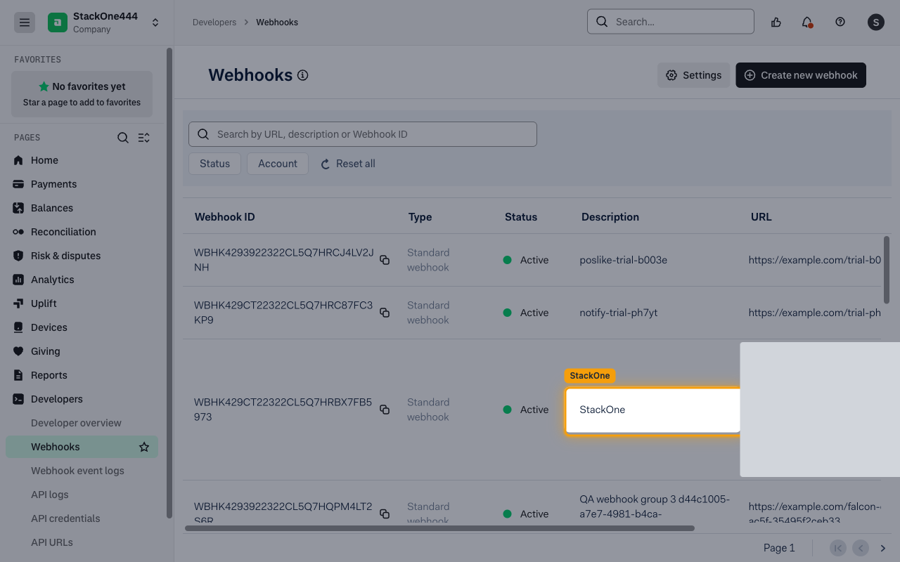 Webhooks list showing the new StackOne Standard webhook as Active