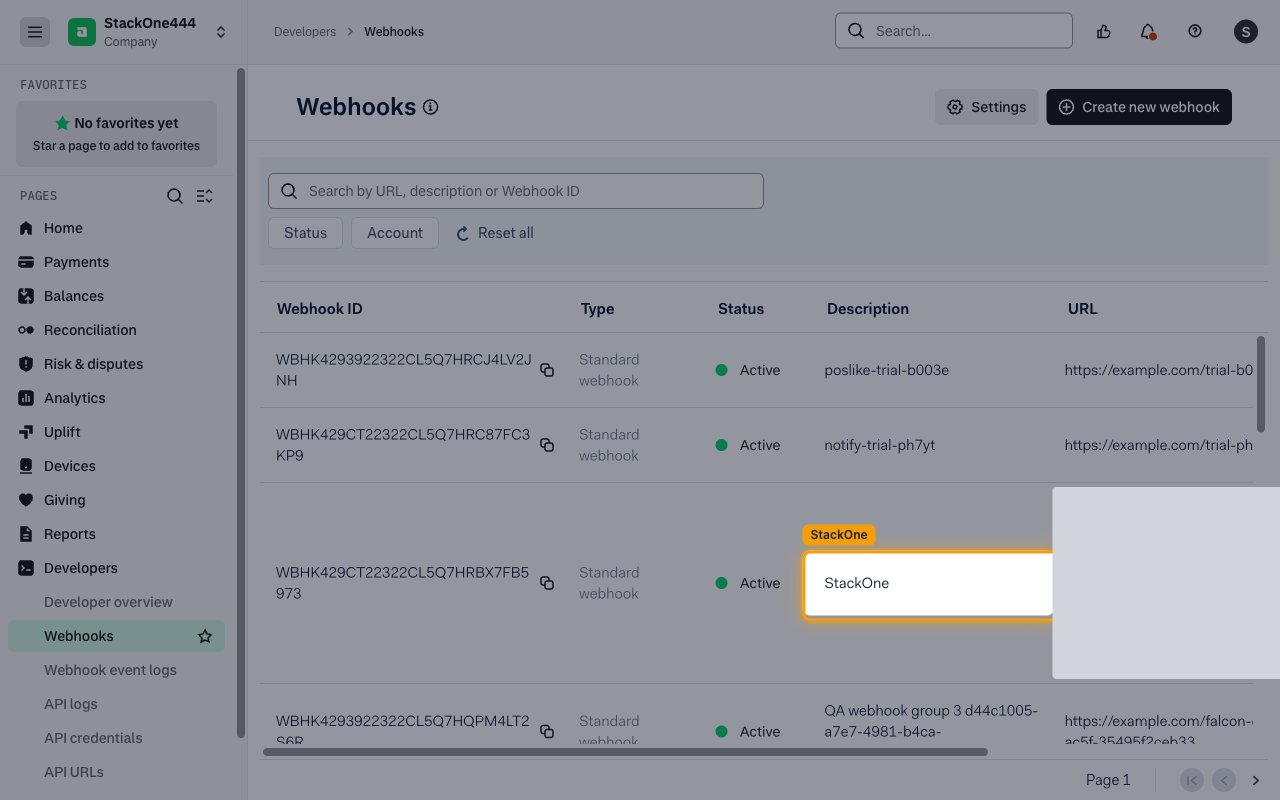 Webhooks list showing the new StackOne Standard webhook as Active
