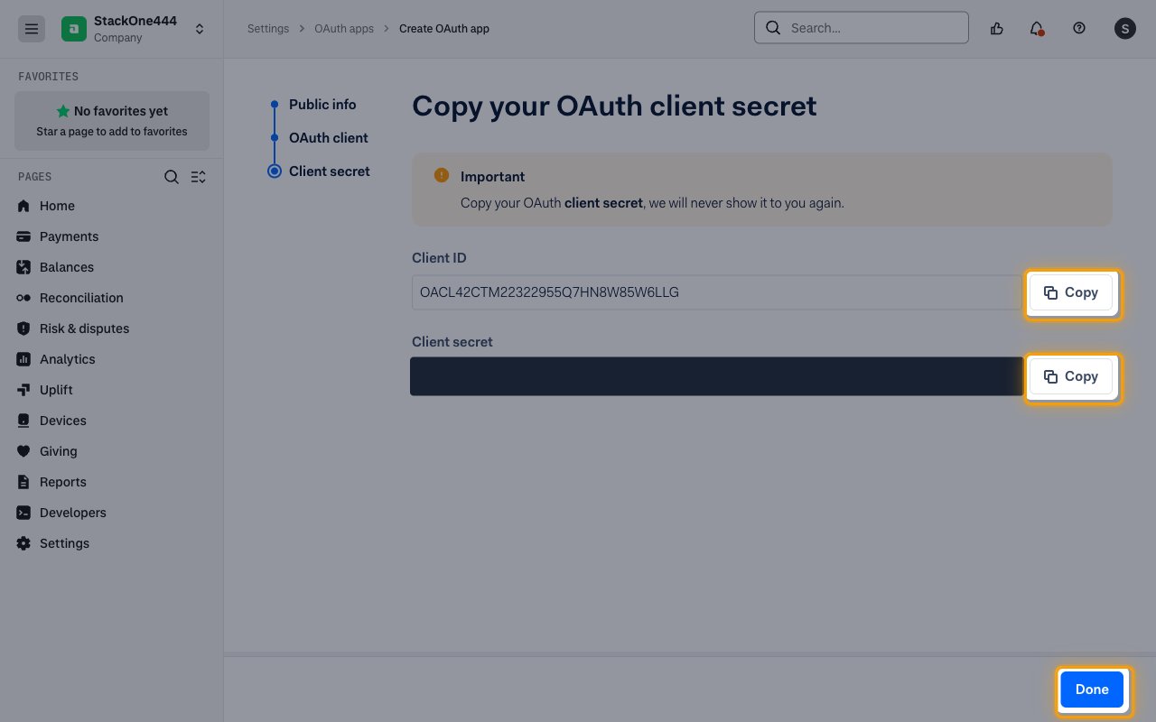 The Copy your OAuth client secret step with both Copy buttons and the Done button highlighted and the secret hidden