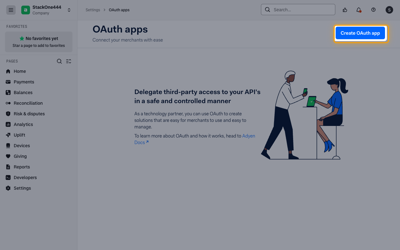 The OAuth apps page with the Create OAuth app button highlighted