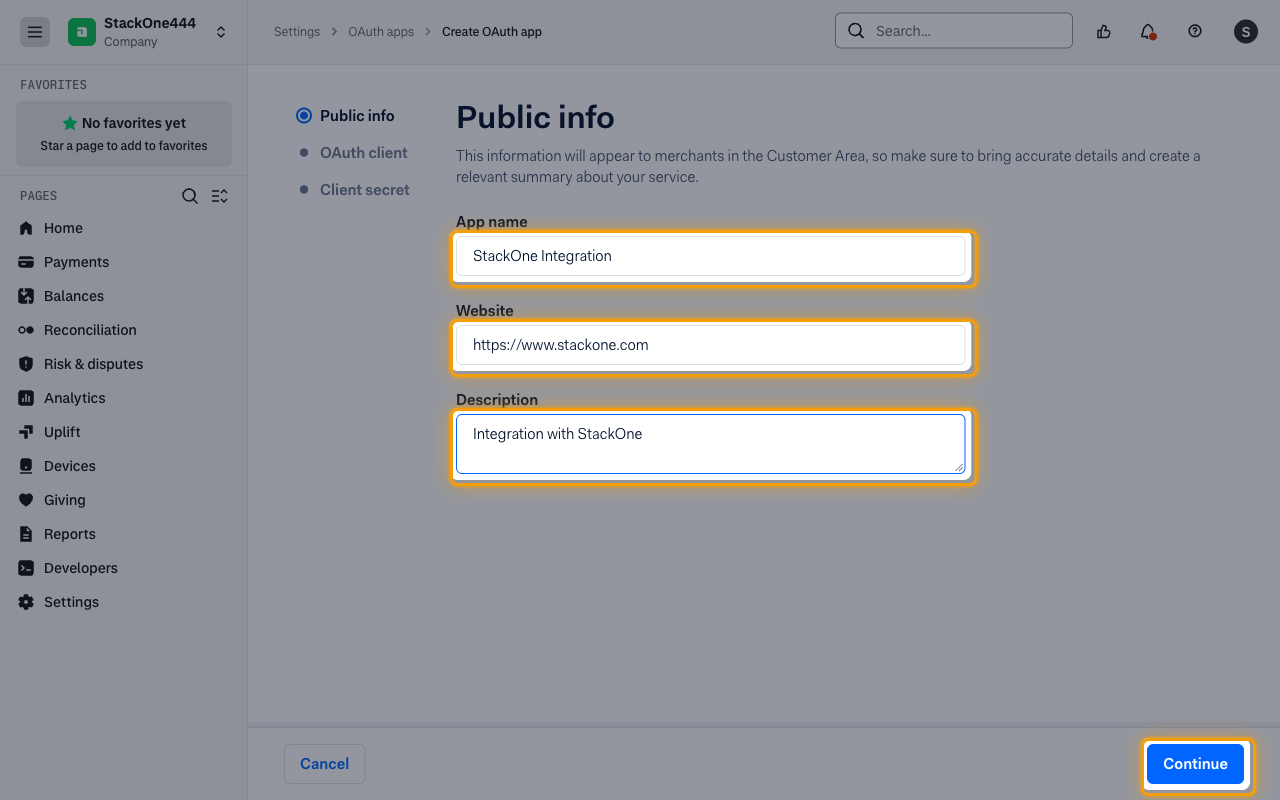 The Public info step with the App name, Website and Description fields and the Continue button highlighted