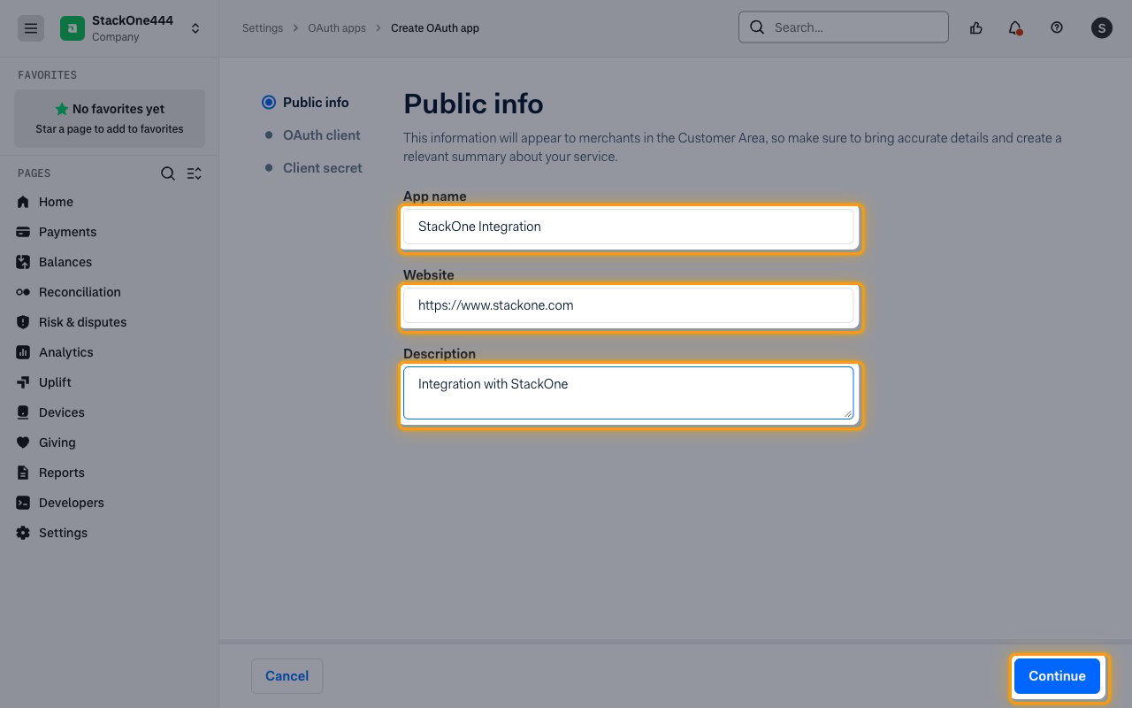 The Public info step with the App name, Website and Description fields and the Continue button highlighted